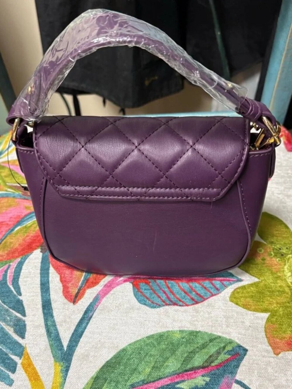 Badgley Mischka Quilted Pearl Chain Mini Shoulder Bag Purple - Picture 2 of 4